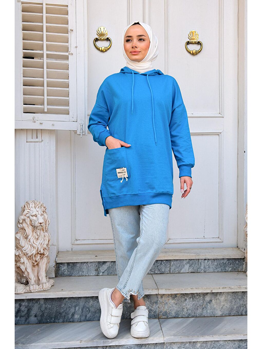 Kapüşonlu Tek Cepli Sweat Mavi-3