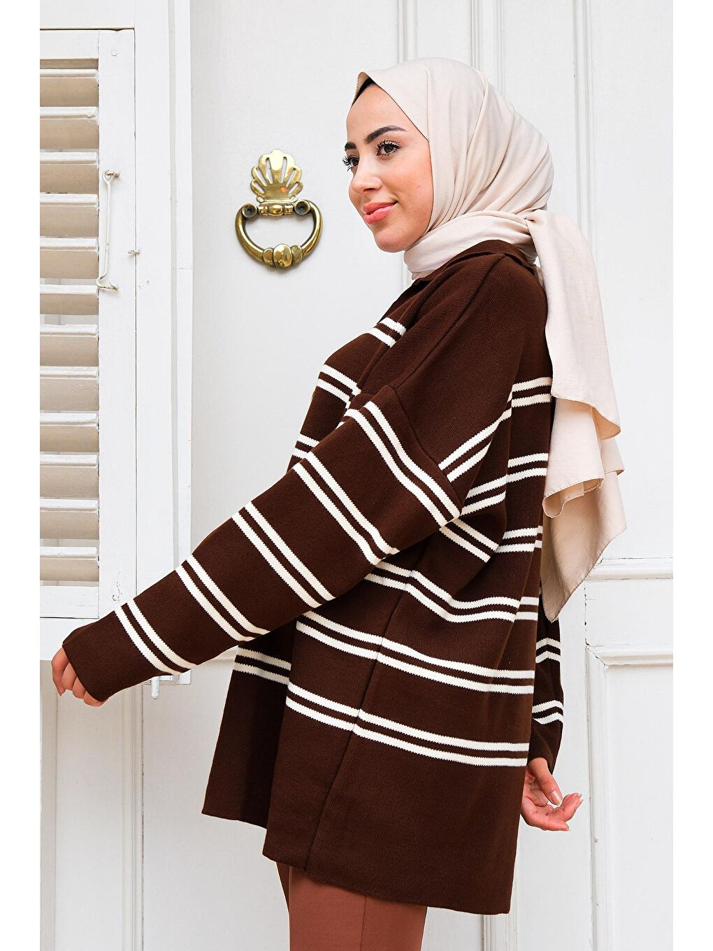 Polo Yaka Çizgili Triko Kazak Kahverengi-2