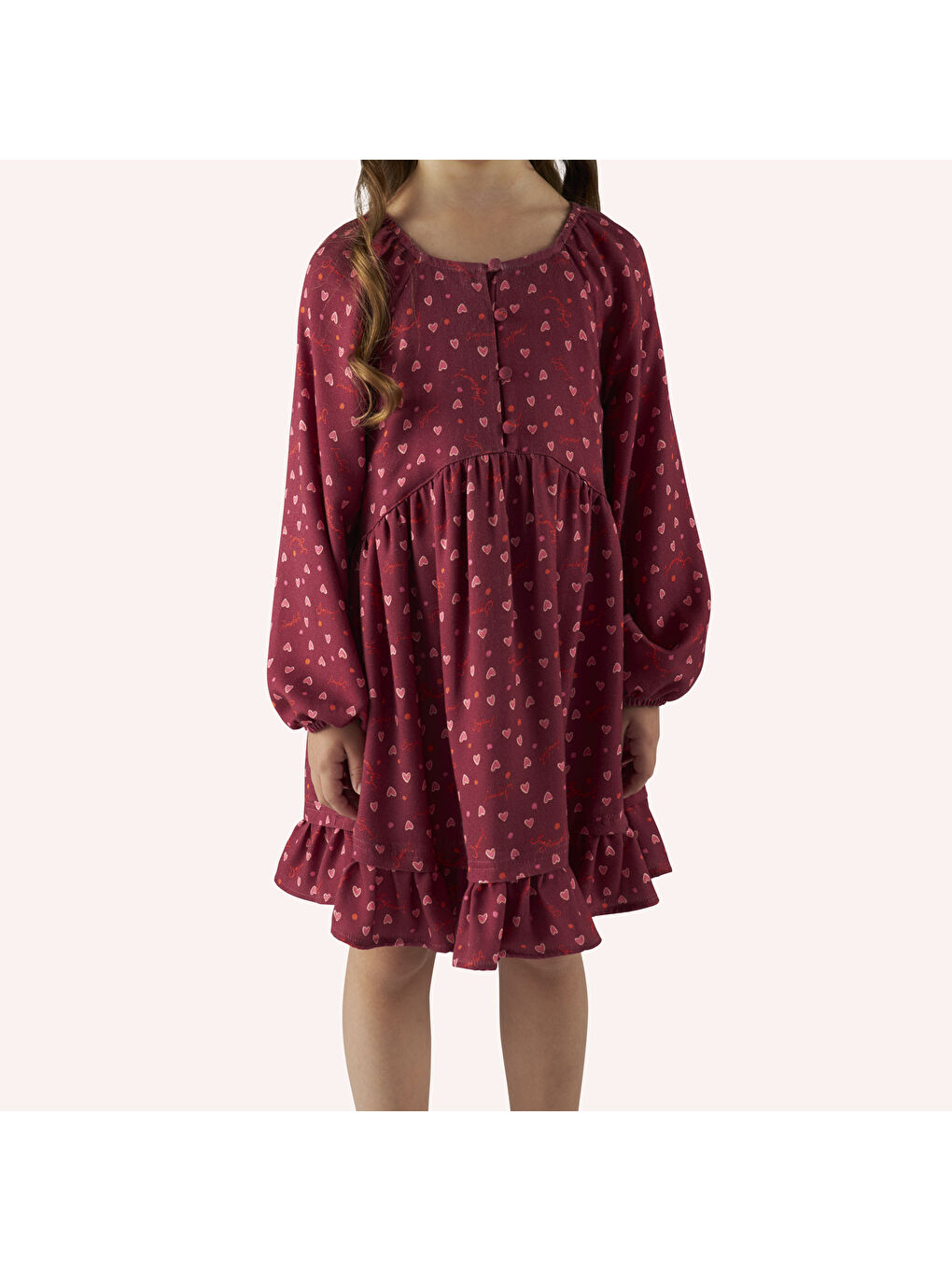 Bordo Kız Çocuk Kalp Desenli Kırmızı Elbise-1