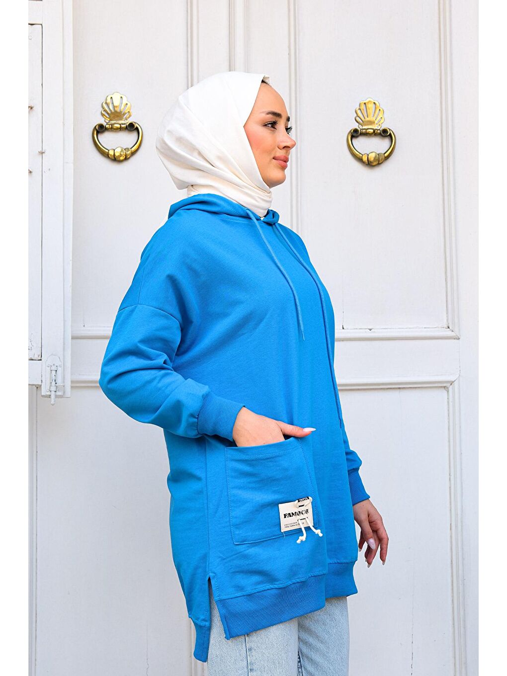 Kapüşonlu Tek Cepli Sweat Mavi-4