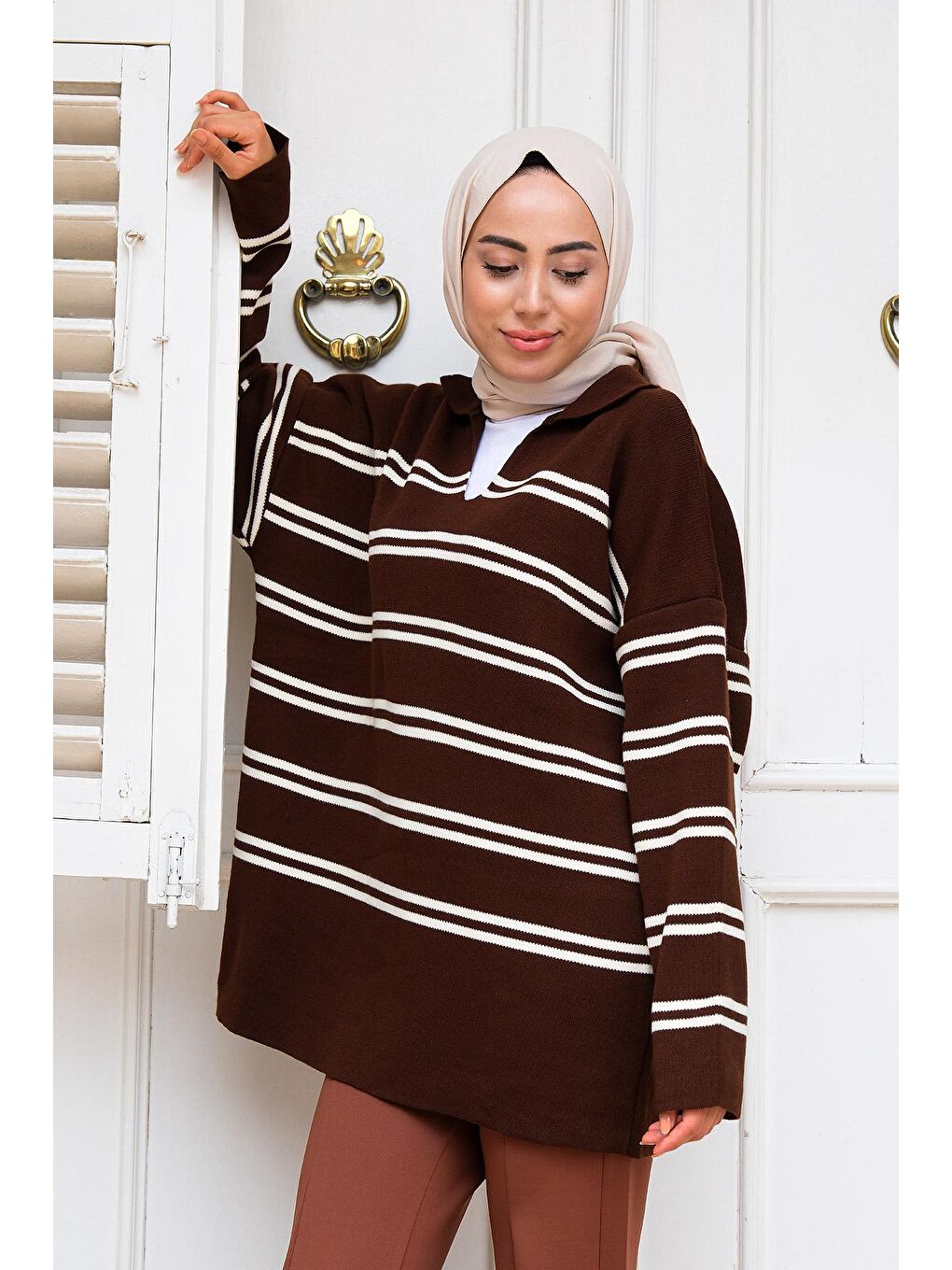 Polo Yaka Çizgili Triko Kazak Kahverengi-4