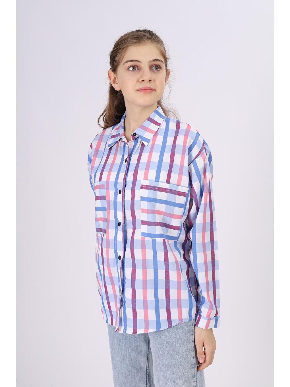 Lacivert Kız Çocuk Kare Desenli Ekose Gömlek 9-14 Yaş Lx177-2-1