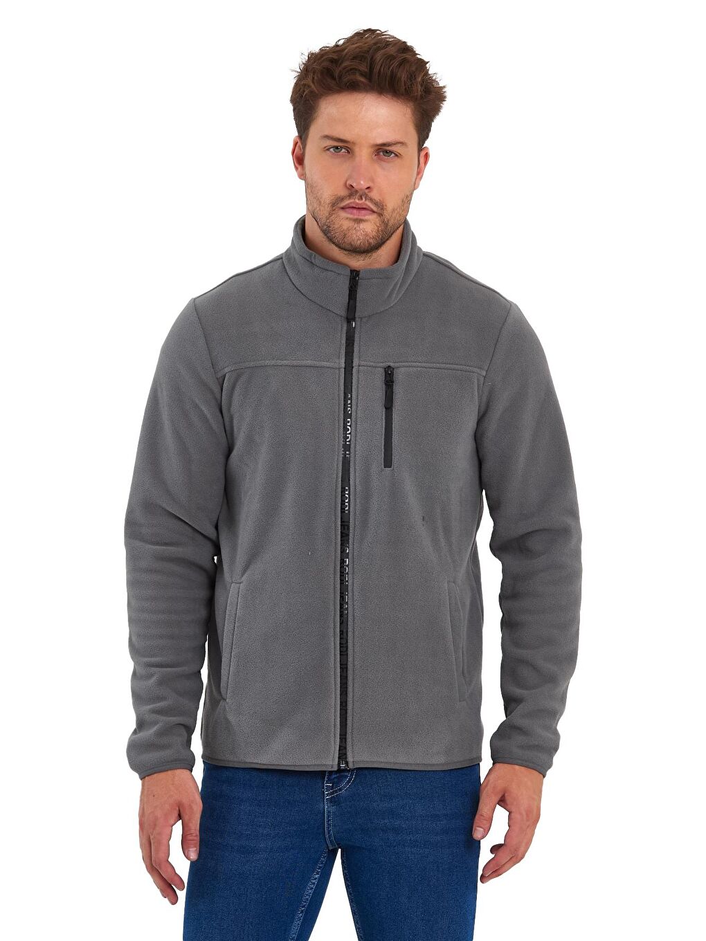Gri Mikro Polar Dik Yaka  Erkek Fermuarlı Sweatshirt Hırka