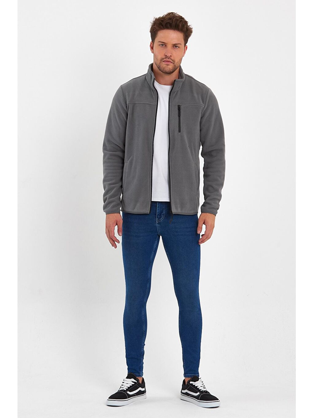 Gri Mikro Polar Dik Yaka  Erkek Fermuarlı Sweatshirt Hırka-1