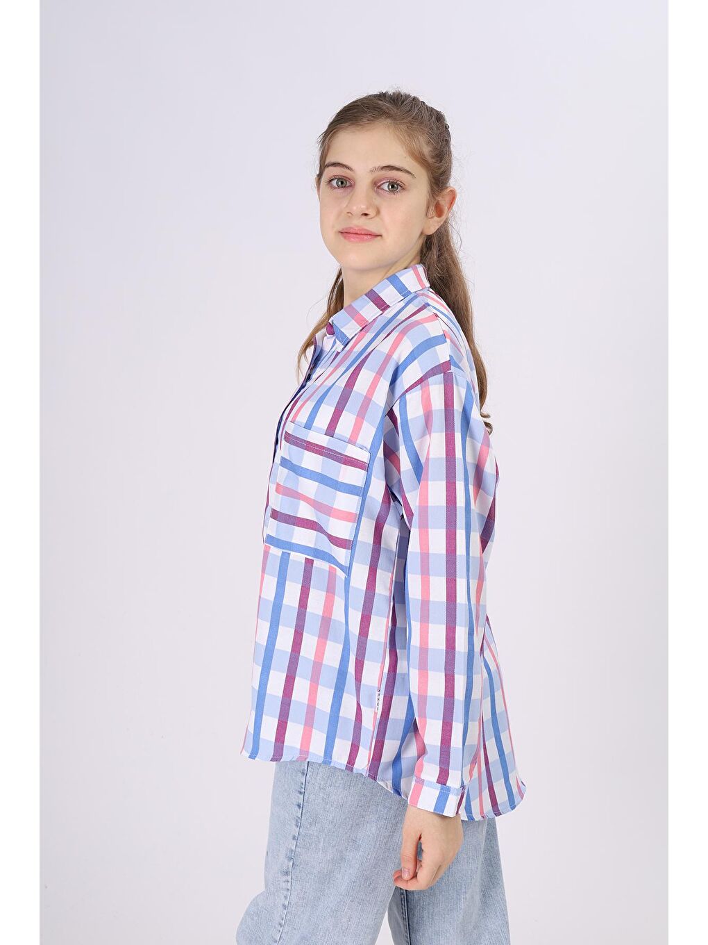 Lacivert Kız Çocuk Kare Desenli Ekose Gömlek 9-14 Yaş Lx177-2-2