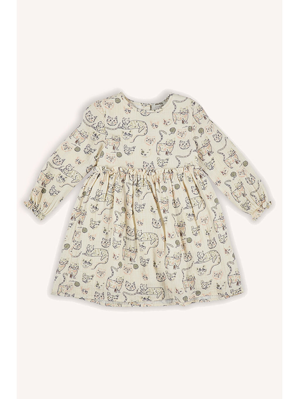 Kız Çocuk Kedi Desenli Müslin Ekru Elbise-3