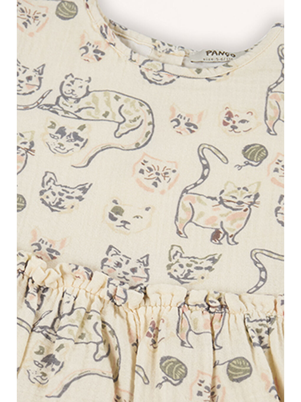 Kız Çocuk Kedi Desenli Müslin Ekru Elbise-4