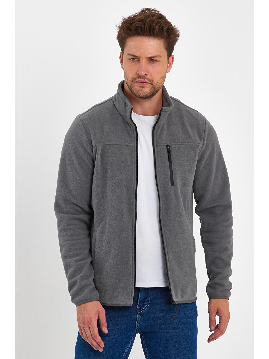 Gri Mikro Polar Dik Yaka  Erkek Fermuarlı Sweatshirt Hırka-2