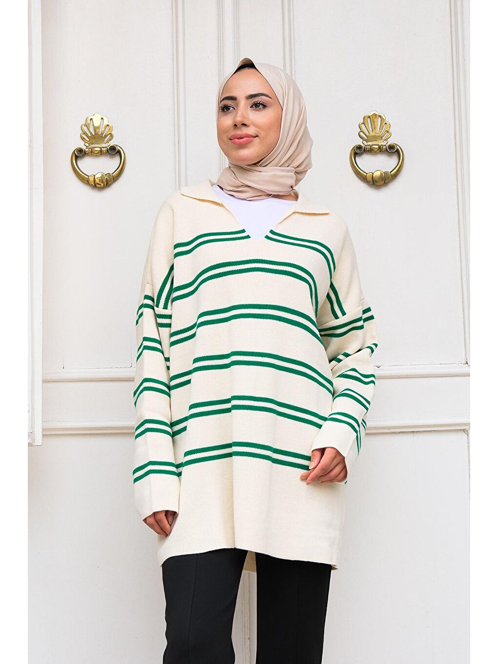 Polo Yaka Çizgili Triko Kazak Yeşil