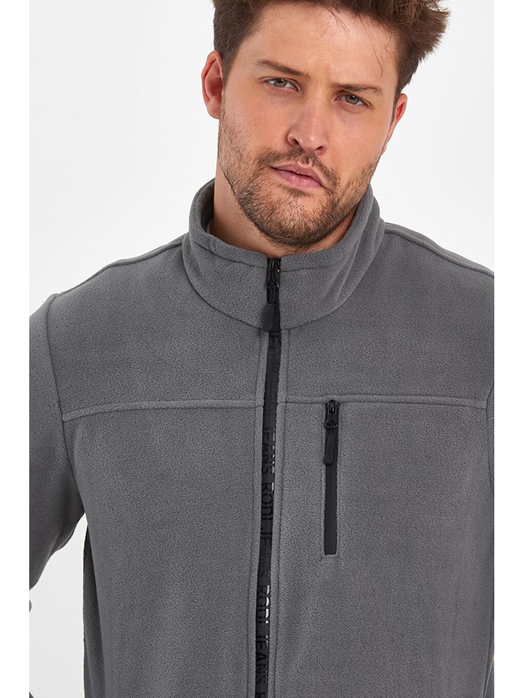 Gri Mikro Polar Dik Yaka  Erkek Fermuarlı Sweatshirt Hırka-3