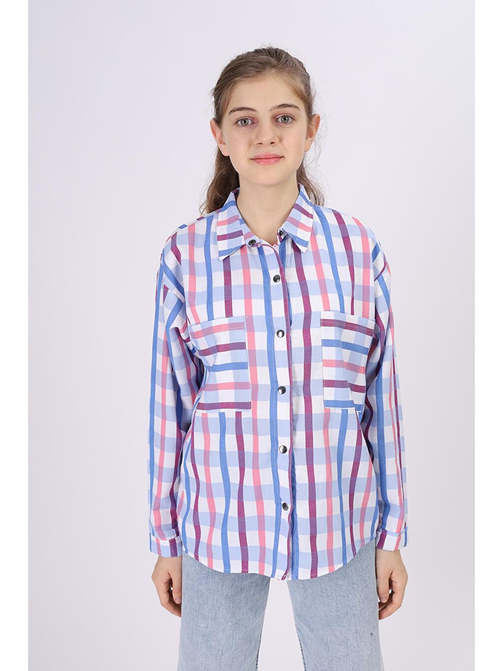 Lacivert Kız Çocuk Kare Desenli Ekose Gömlek 9-14 Yaş Lx177-2-3