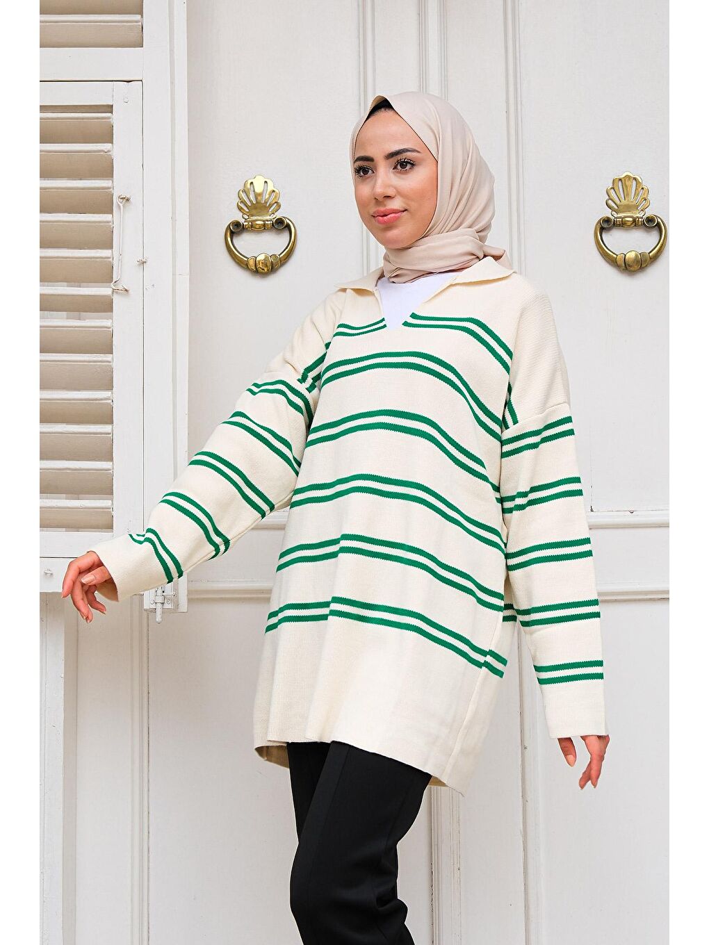 Polo Yaka Çizgili Triko Kazak Yeşil-1