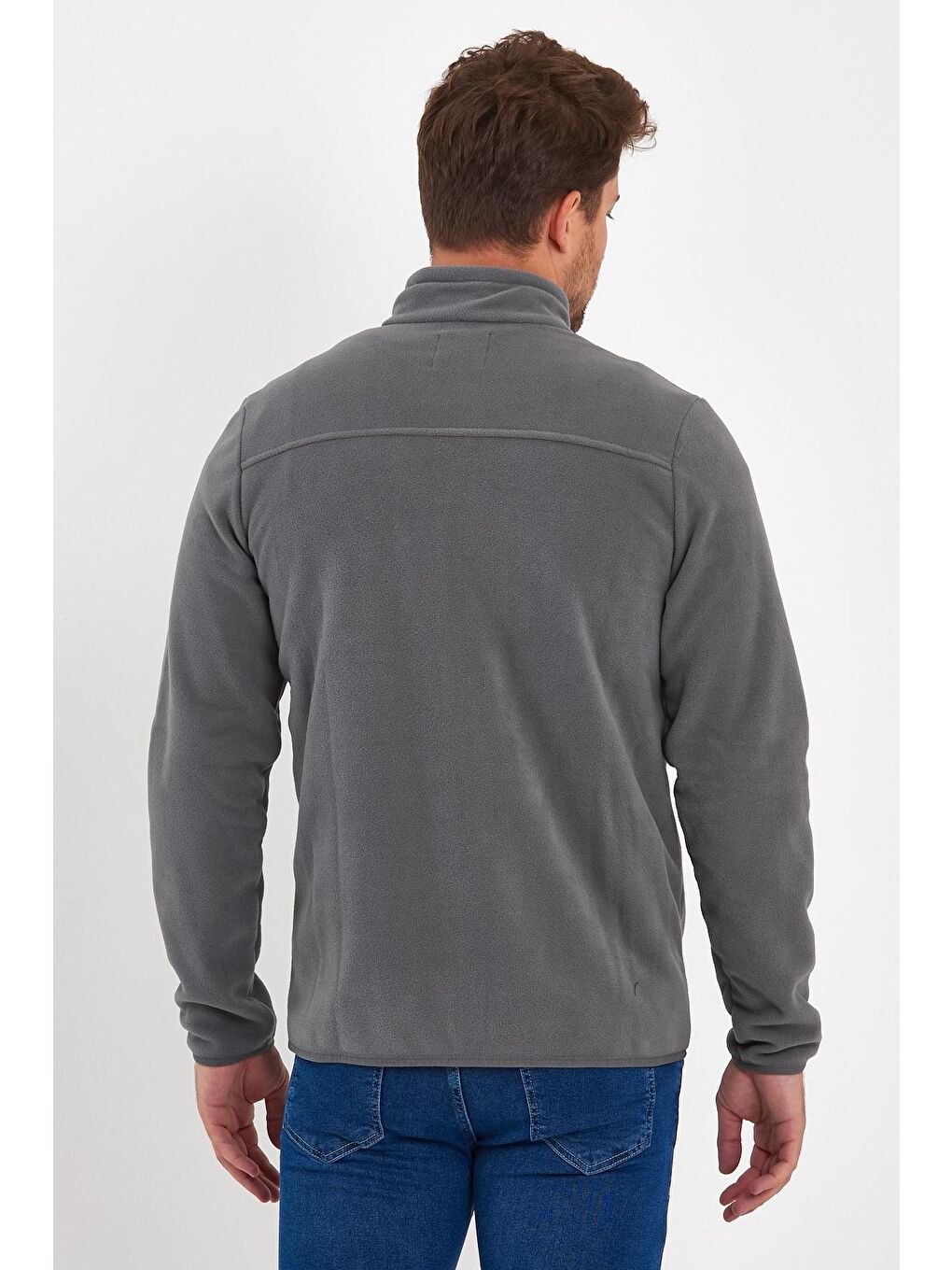 Gri Mikro Polar Dik Yaka  Erkek Fermuarlı Sweatshirt Hırka-4