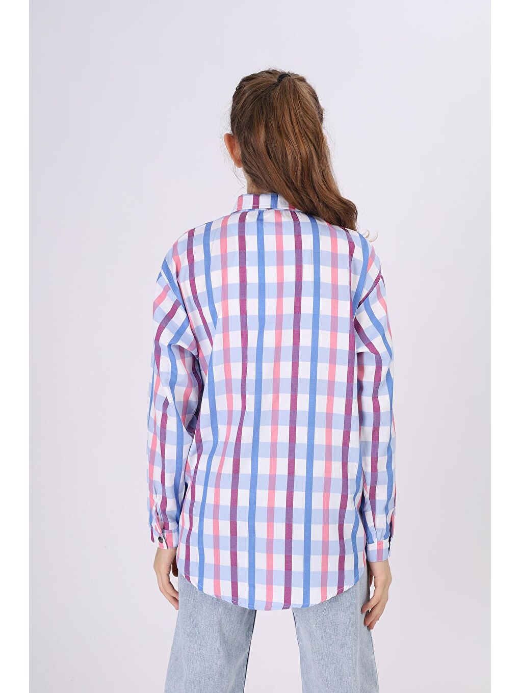 Lacivert Kız Çocuk Kare Desenli Ekose Gömlek 9-14 Yaş Lx177-2-4