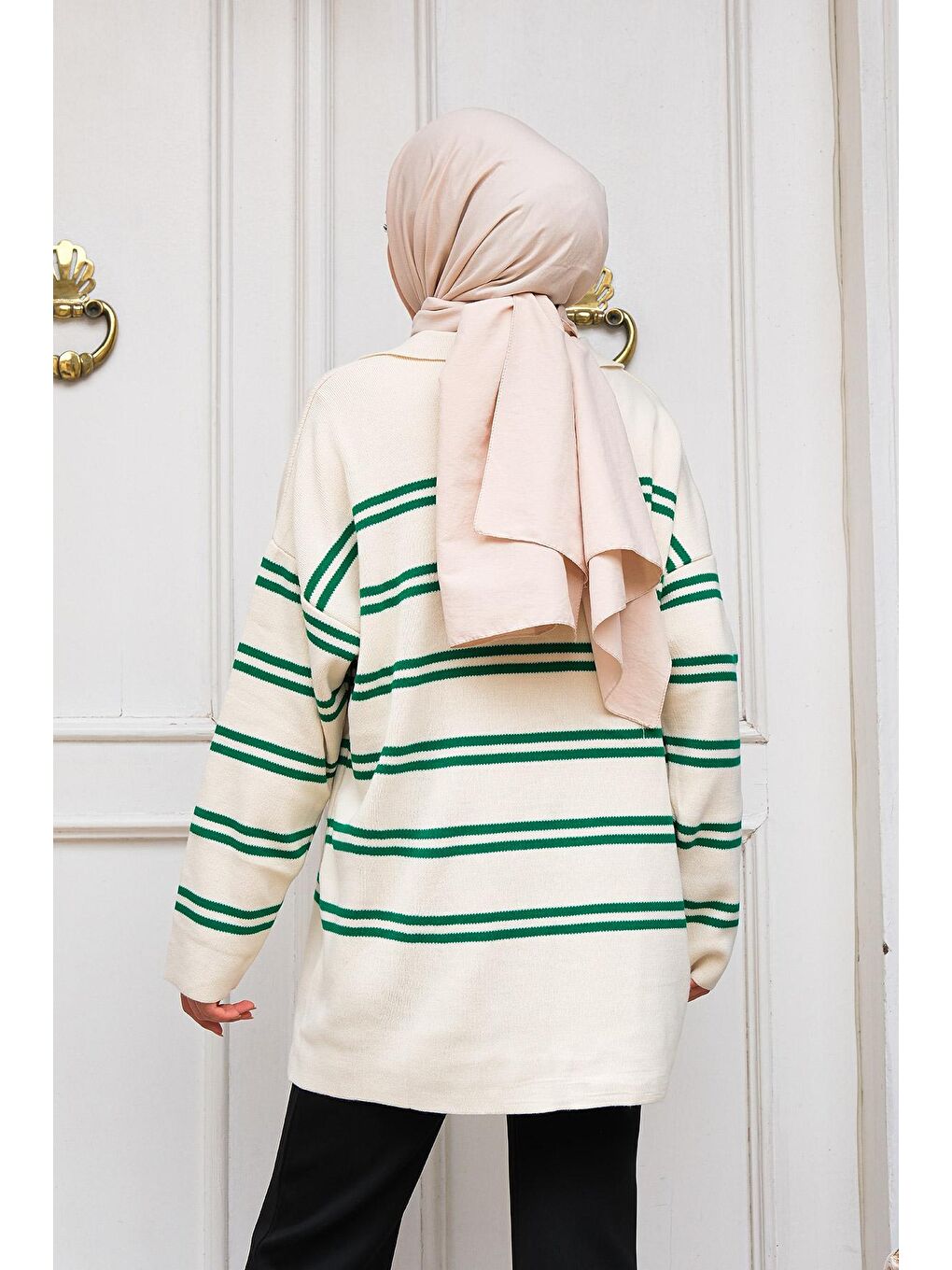 Polo Yaka Çizgili Triko Kazak Yeşil-2