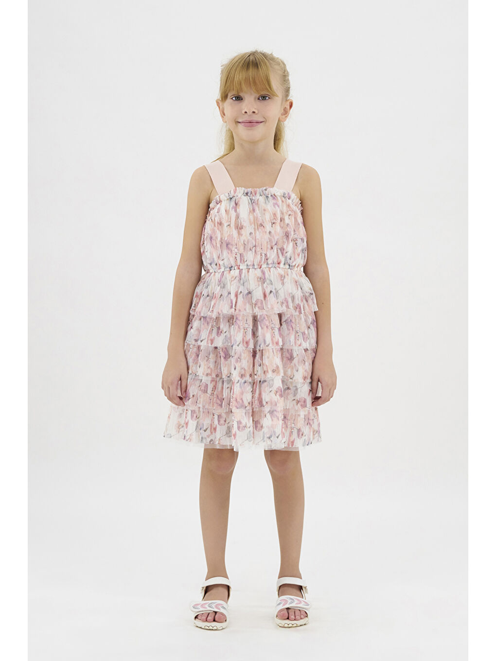 Pembe Kız Çocuk Çiçek Desenli Pudra Tül Abiye Elbise