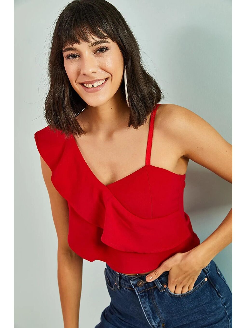 Kırmızı Kadın Tek Omuz Desenli Bluz