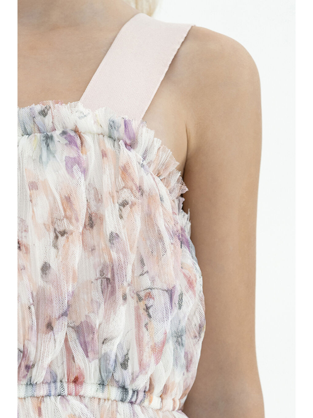 Pembe Kız Çocuk Çiçek Desenli Pudra Tül Abiye Elbise-1