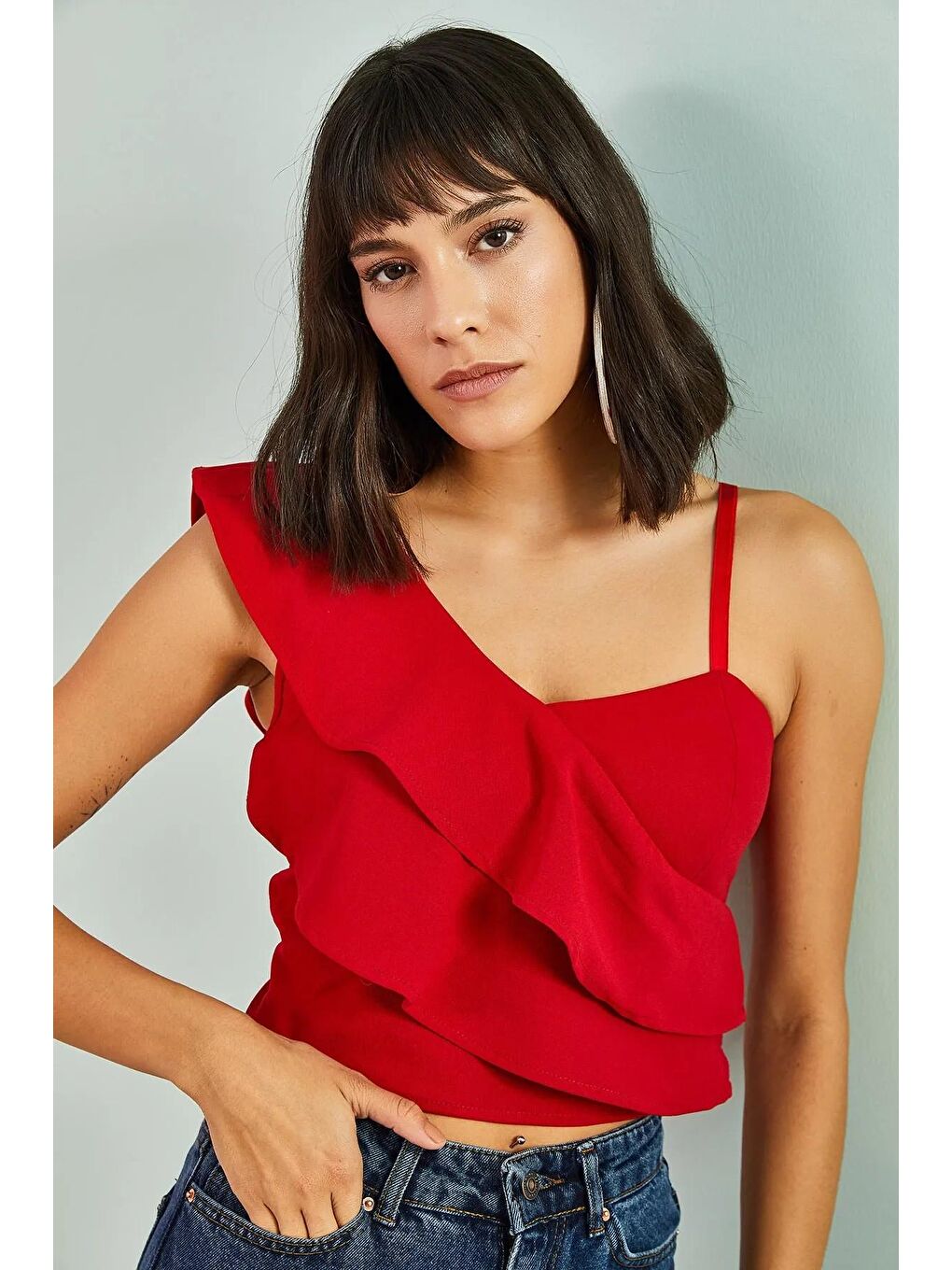 Kırmızı Kadın Tek Omuz Desenli Bluz-1