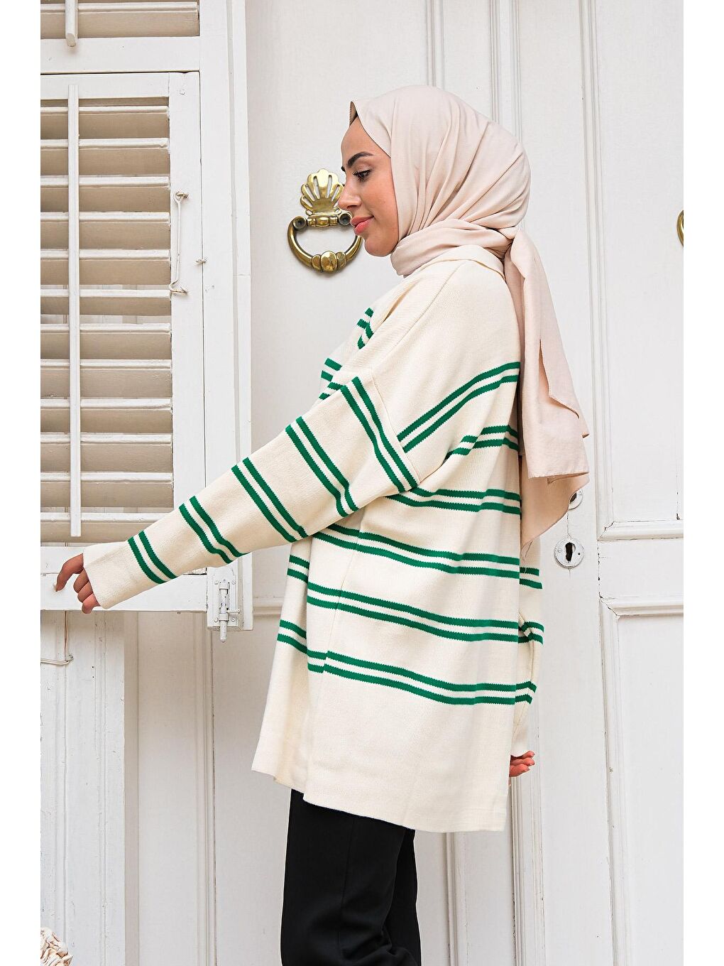 Polo Yaka Çizgili Triko Kazak Yeşil-3