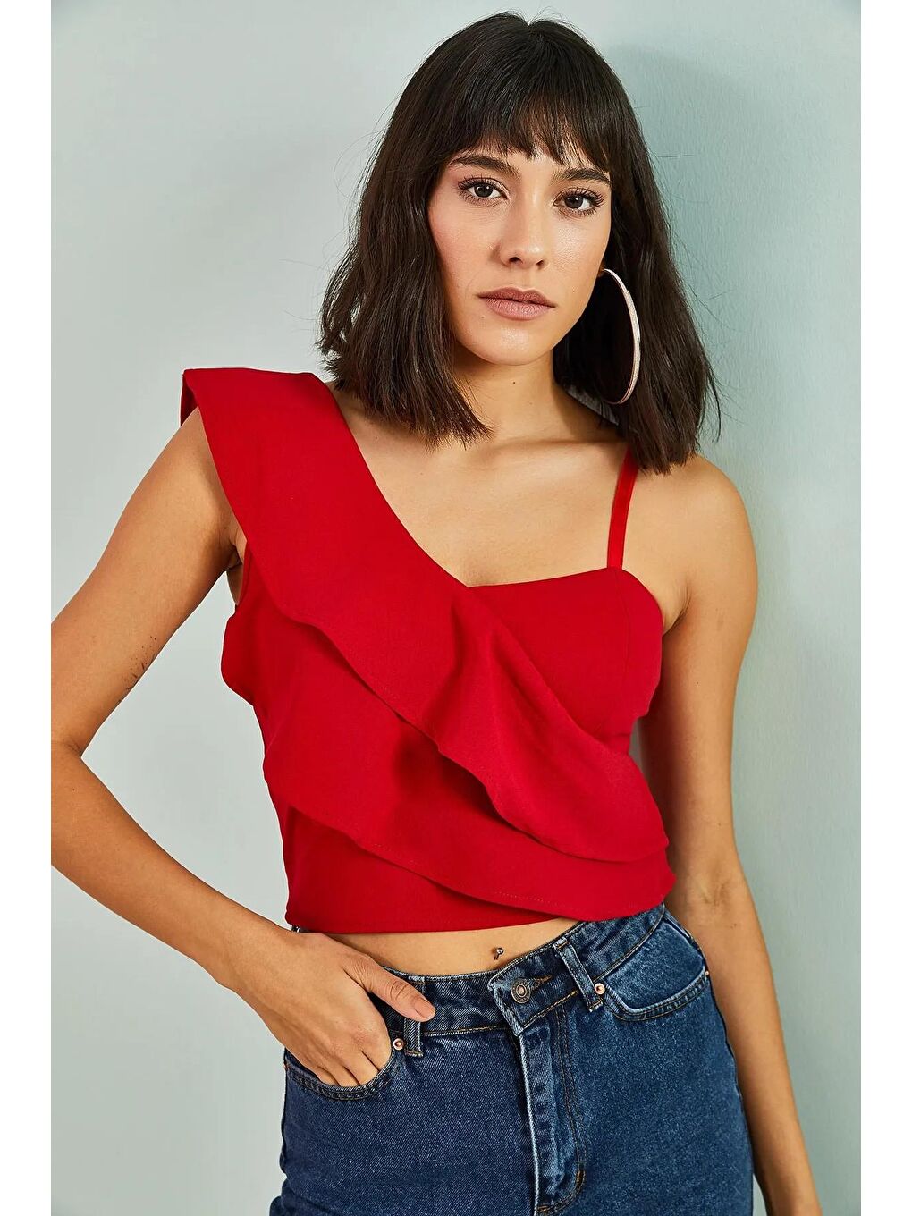 Kırmızı Kadın Tek Omuz Desenli Bluz-2