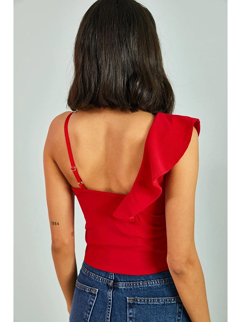 Kırmızı Kadın Tek Omuz Desenli Bluz-3