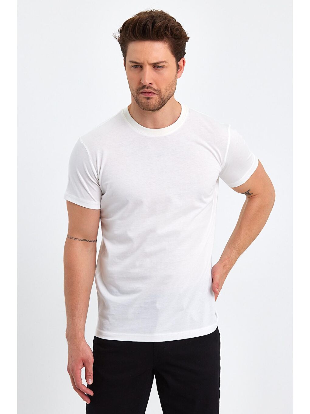 Ekru Erkek Süprem Basic Bisiklet Yaka Tişört-2