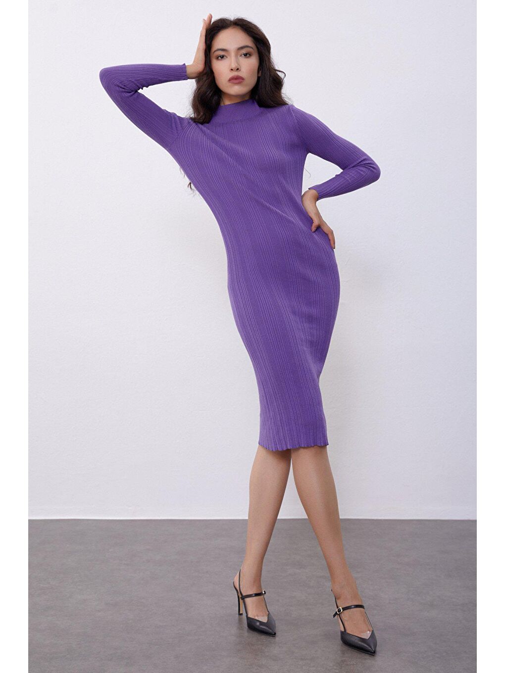 Mor Uzun Kollu Yarım Balıkçı Yaka Midi Boy Triko Elbise SWD4506MO-2