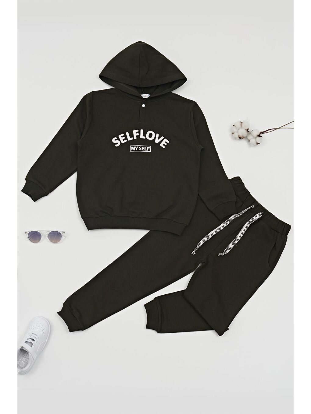 Baskılı Kapüşonlu Haki Alt Üst Takım