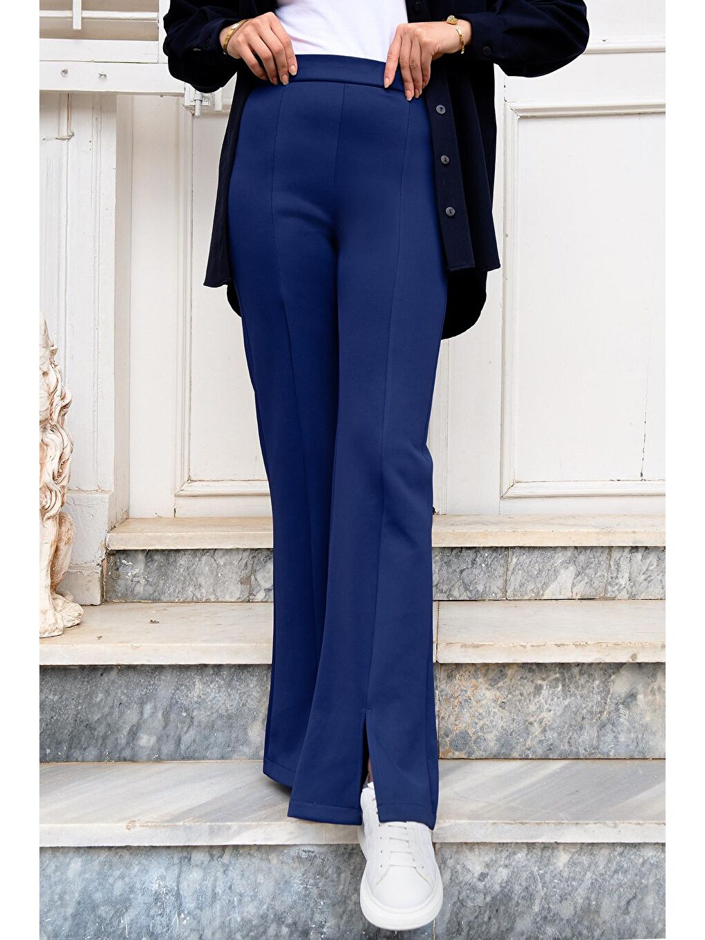 Yüksek Bel Scuba Yırtmaçlı Pantolon Saks Mavi