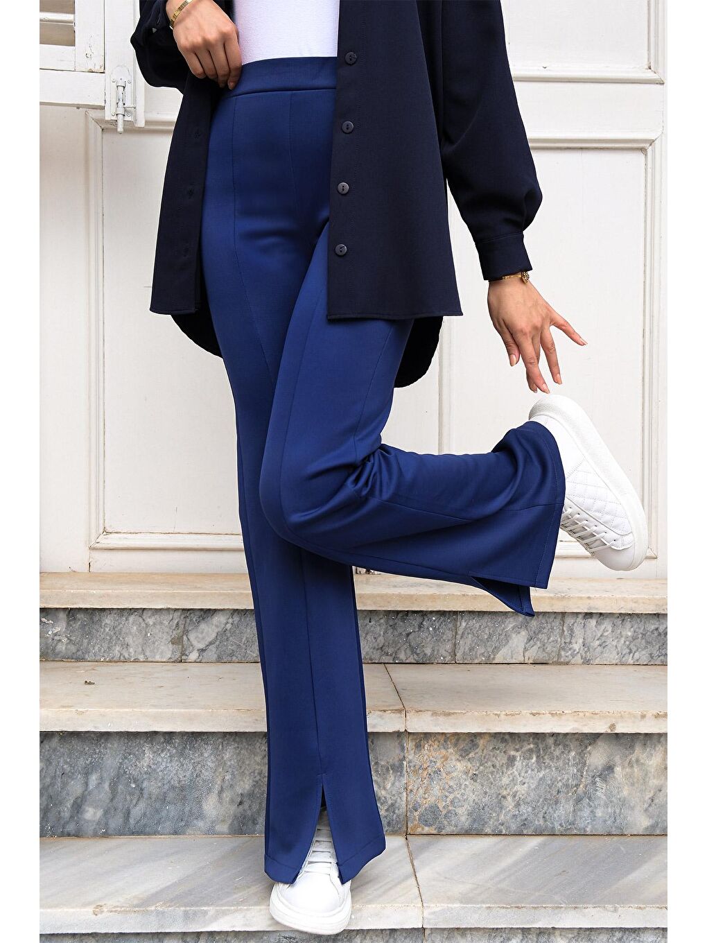 Yüksek Bel Scuba Yırtmaçlı Pantolon Saks Mavi-1