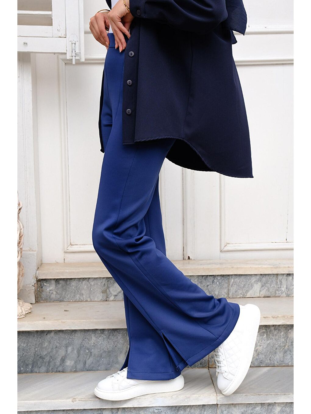 Yüksek Bel Scuba Yırtmaçlı Pantolon Saks Mavi-2