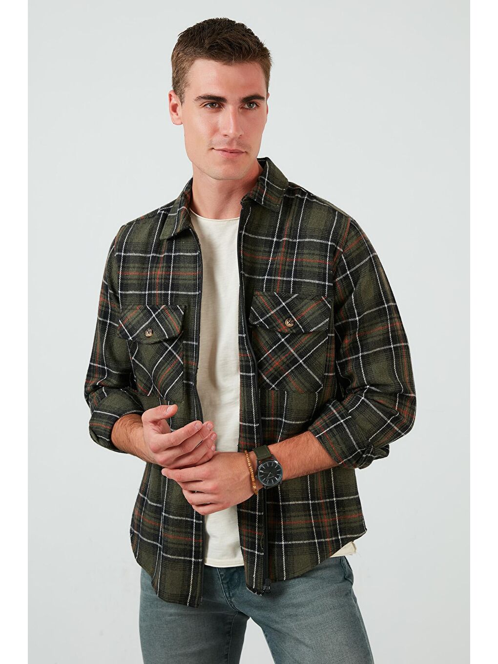 Haki Fermuarlı Çift Cepli Ekoseli Gömlek CF21W112832-2