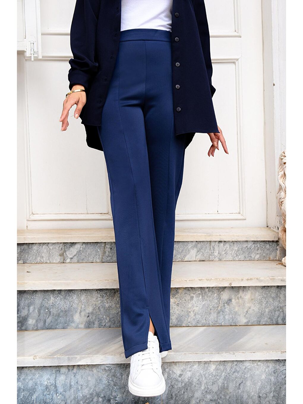 Yüksek Bel Scuba Yırtmaçlı Pantolon Saks Mavi-3