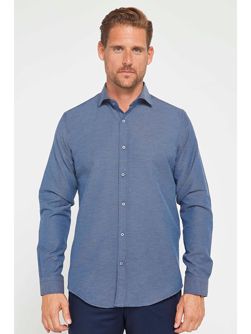 Slim Fit Uzun Kollu Pamuklu Kolay Ütü Armürlü Erkek Lacivert Gömlek-1