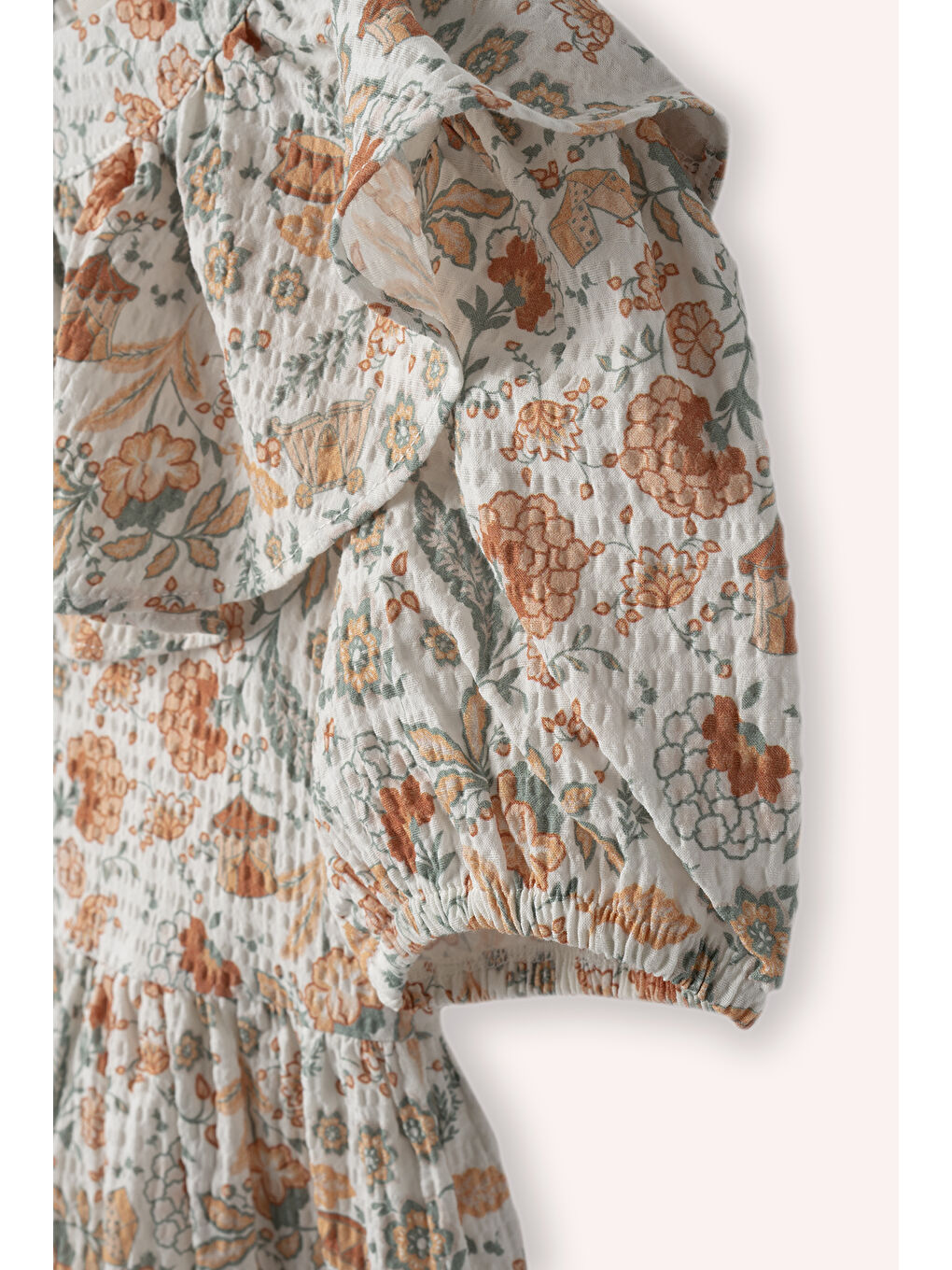 Kız Çocuk Çiçek Desenli Yaka Detaylı Ekru Elbise-1