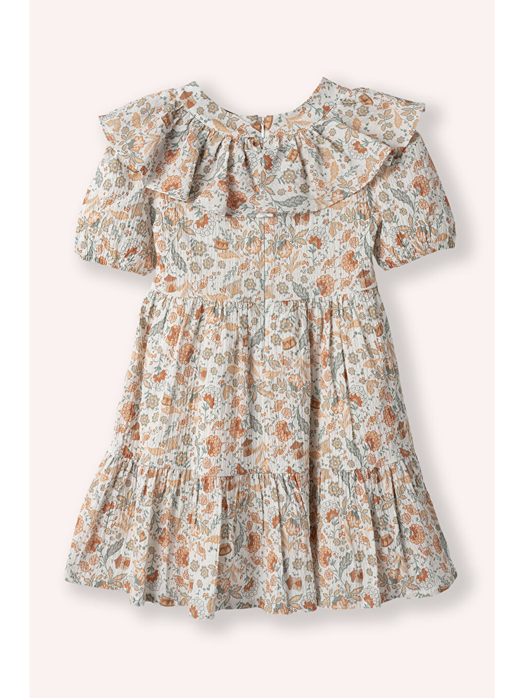 Kız Çocuk Çiçek Desenli Yaka Detaylı Ekru Elbise-2