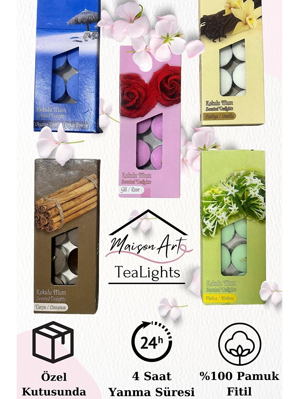 MaisonArt Kahverengi 10 Adet | Tarçın Kokulu Tealight Mum | 4 Saat Yanar | Dekoratif Mumluk Mumu - 2