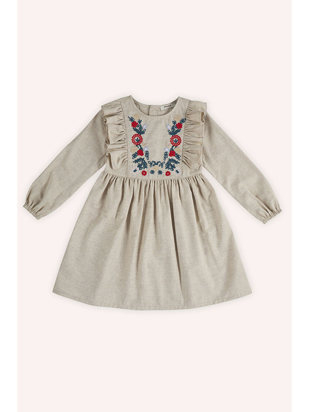 Kız Çocuk Nakış Detaylı Bej Elbise-1