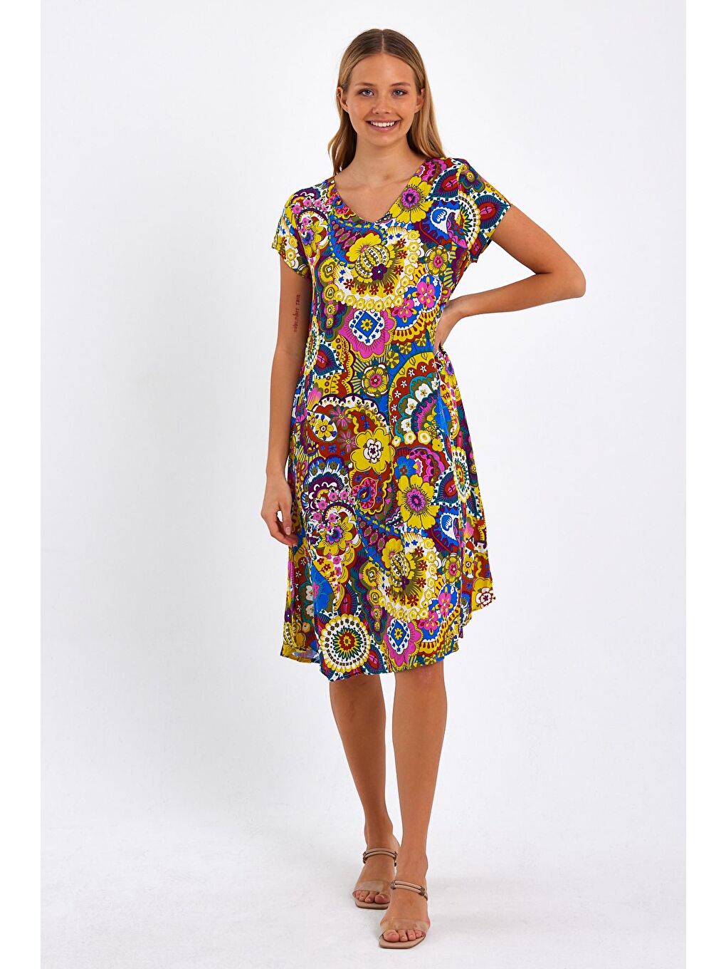 Sarı Kadın Desenli Elbise-1