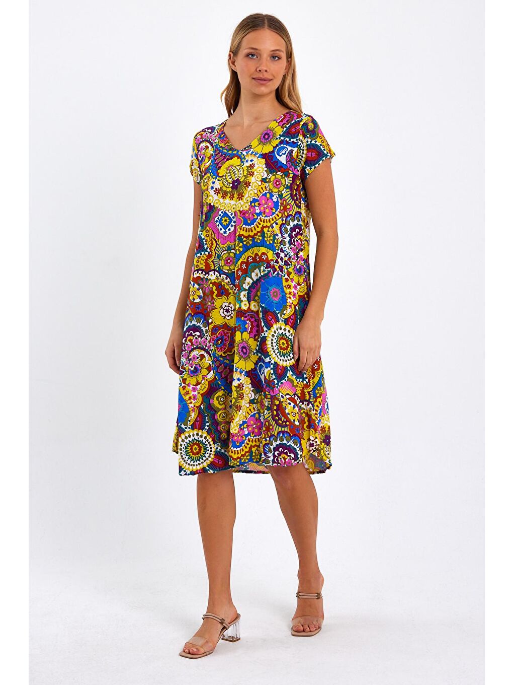 Sarı Kadın Desenli Elbise-2