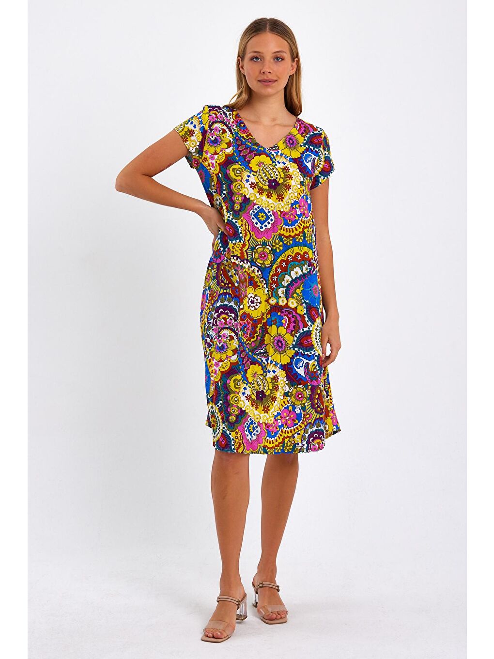 Sarı Kadın Desenli Elbise-3