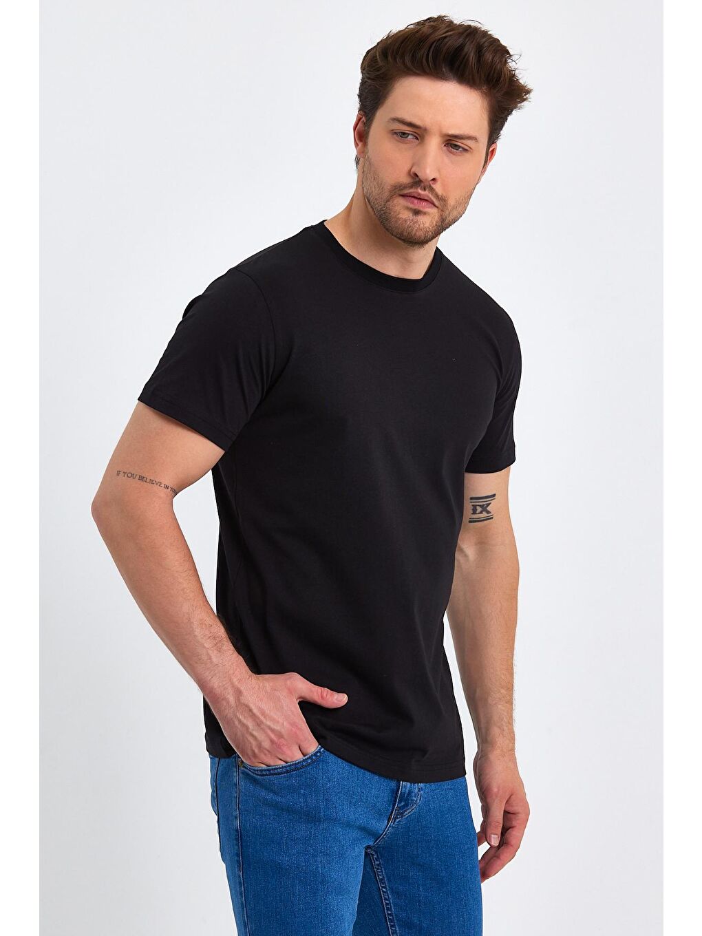 Siyah Erkek Süprem Basic Bisiklet Yaka Tişört-2
