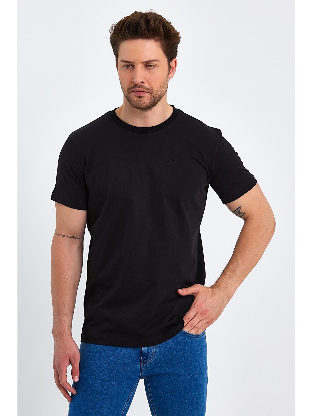 Siyah Erkek Süprem Basic Bisiklet Yaka Tişört-3