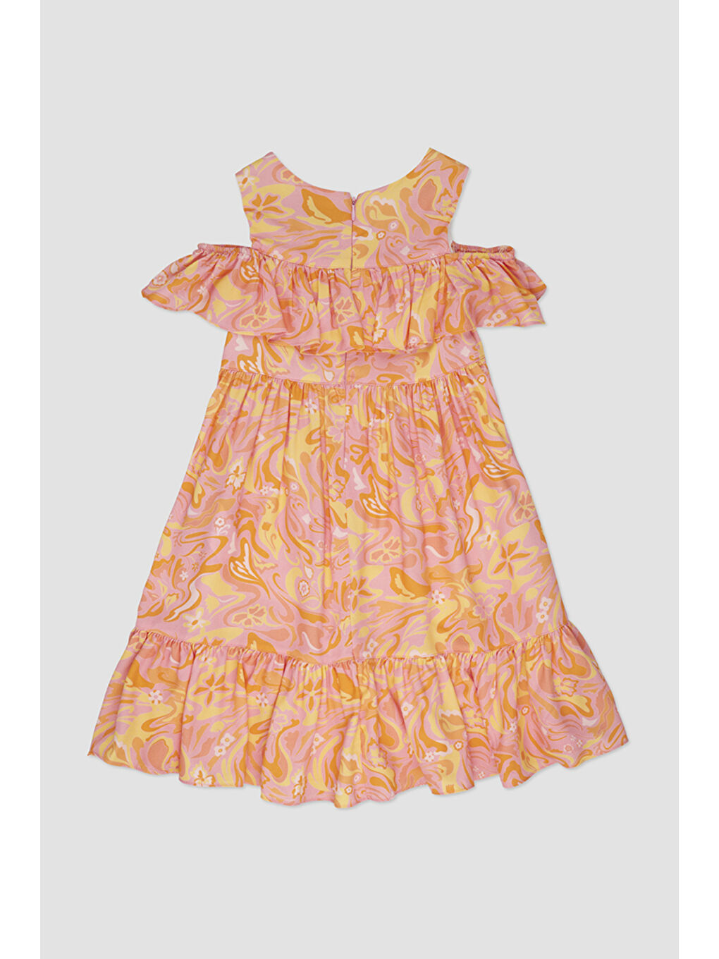 Kız Çocuk Fırfır Detaylı Desenli Pembe Elbise-1