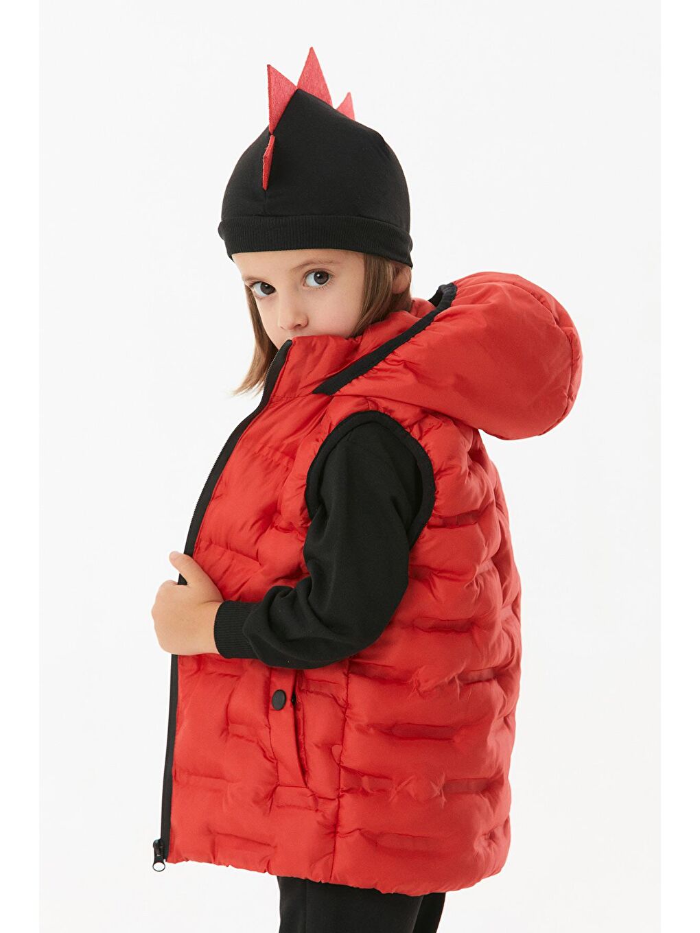 Kırmızı Cebi Çıtçıtlı Kapüşonlu Unisex Çocuk Şişme Yelek-2