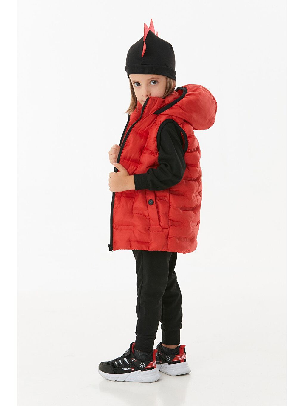 Kırmızı Cebi Çıtçıtlı Kapüşonlu Unisex Çocuk Şişme Yelek-3