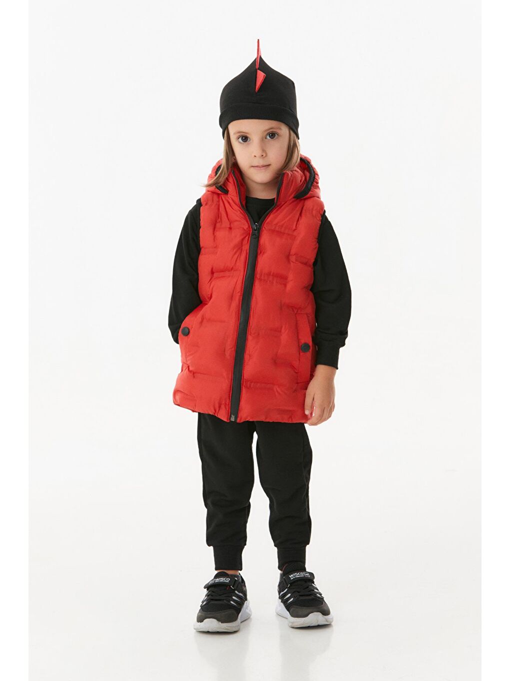 Kırmızı Cebi Çıtçıtlı Kapüşonlu Unisex Çocuk Şişme Yelek-4