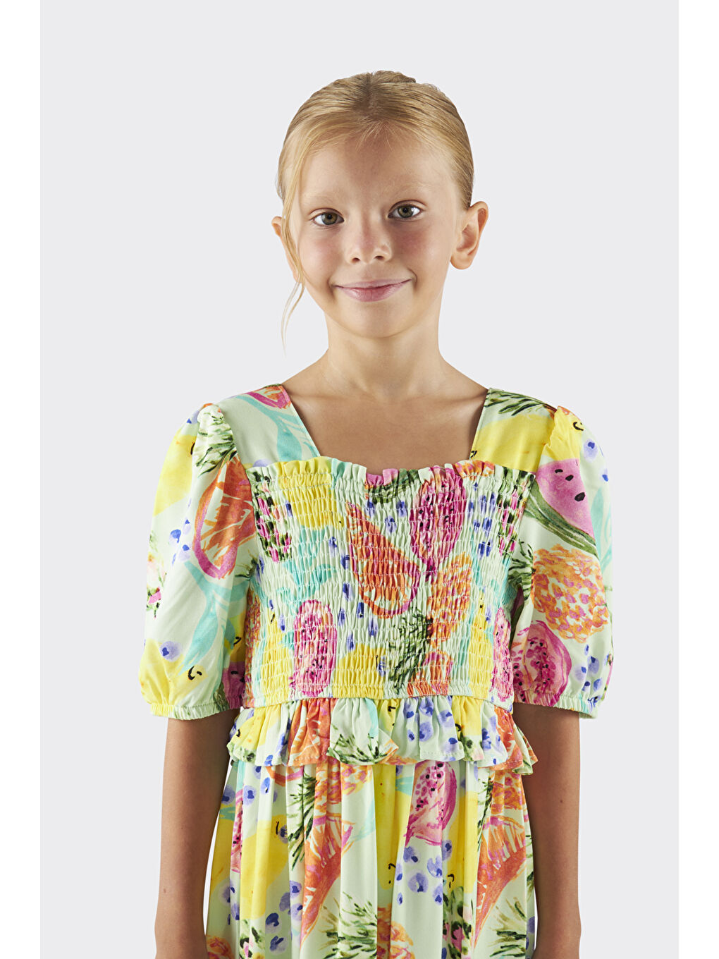 Yeşil Kız Çocuk Meyve Desenli Mint Elbise-1