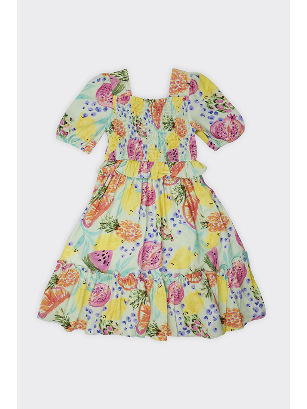 Yeşil Kız Çocuk Meyve Desenli Mint Elbise-2